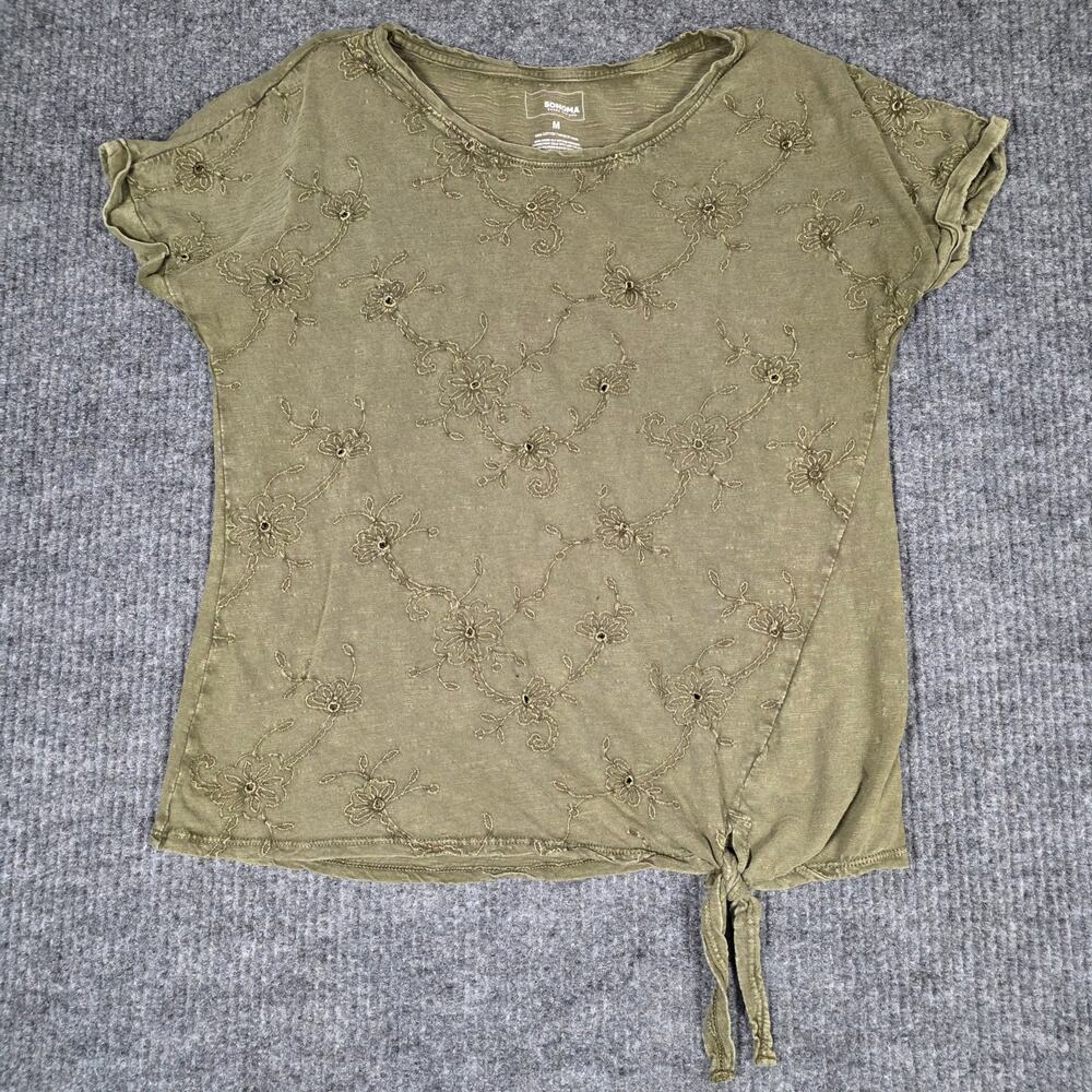 Sonoma Olive Embroidered Floral Tee Medium Boho Cotton‎ Top